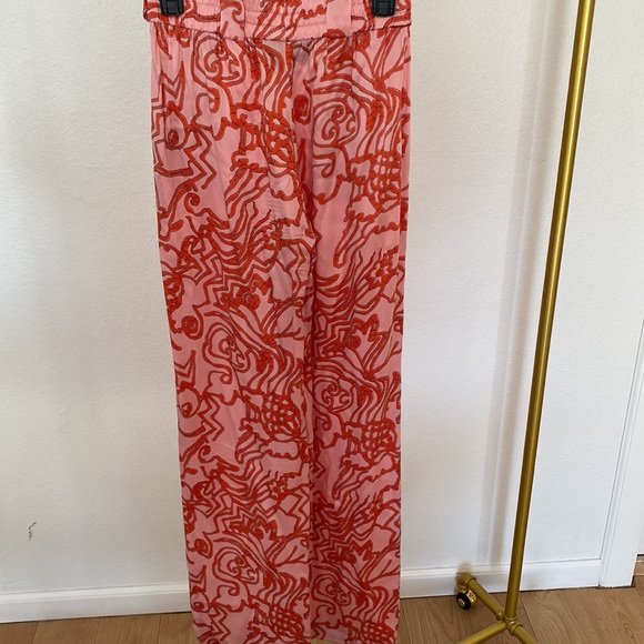 Alexis silk pants, pink and red, high rise straight - Picture 3 of 3
